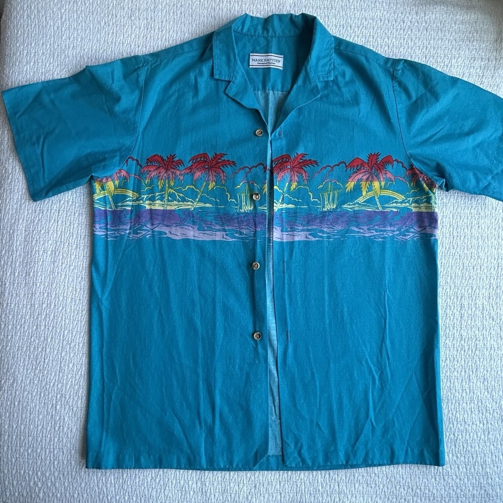 Vintage Mark Raysten Malihini Hawaiian Shirt Medium Turquoise Neon Palm Trees